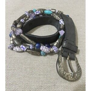 The Limited Genuine Leather Belt Sz M Women's Beaded Blue & Silver Tone VTG BOHO